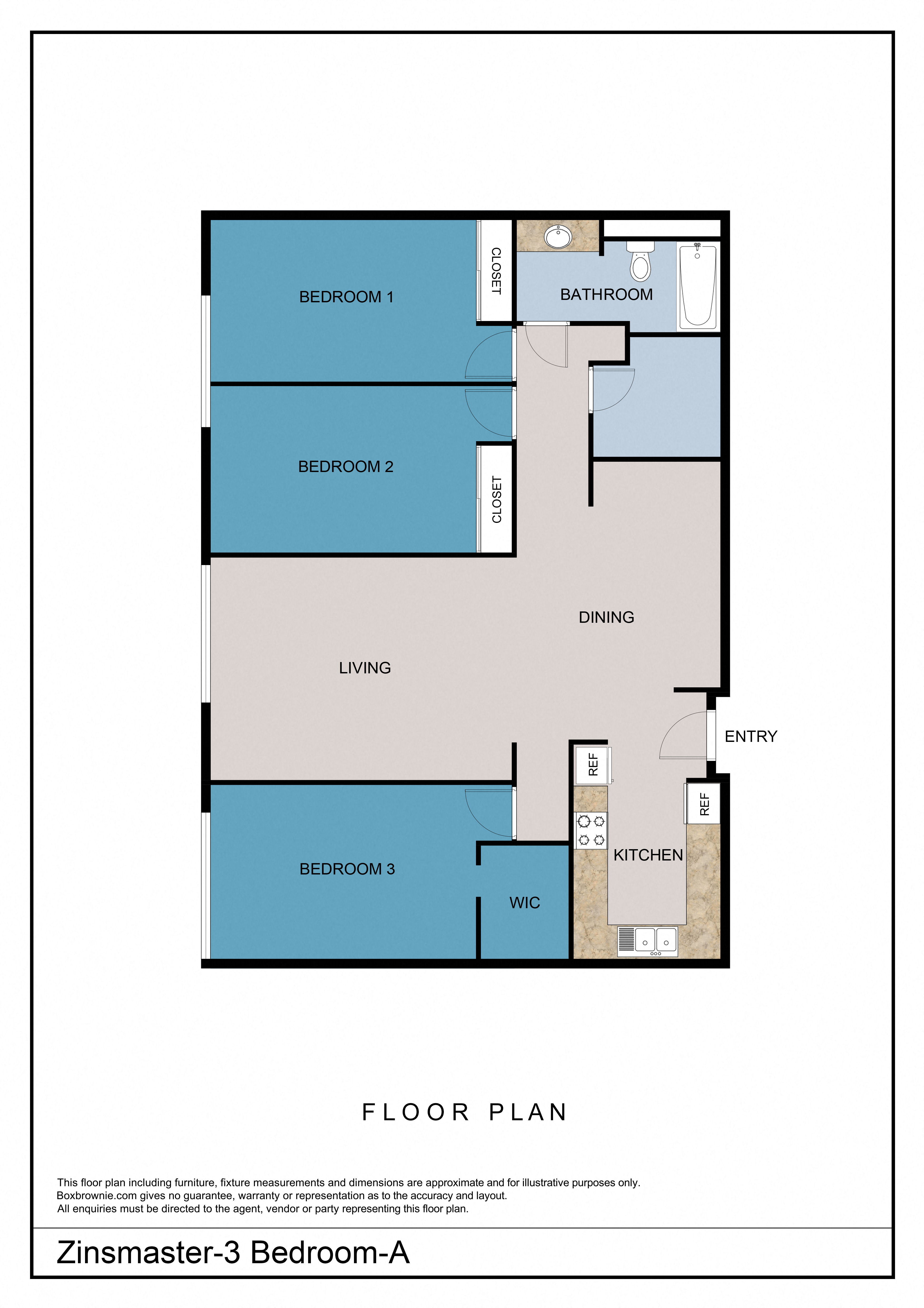 Floor plan for 3 beds, 1 bath, 1380 sqft